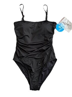 Sol Borne Black Shirred One Piece Swimsuit Swim NWT Size Large Slimming New